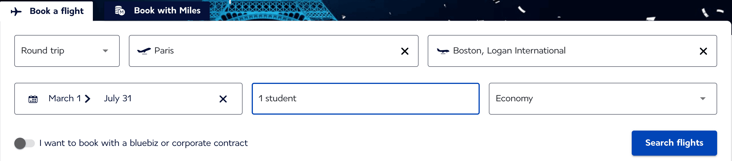 Air France booking form students