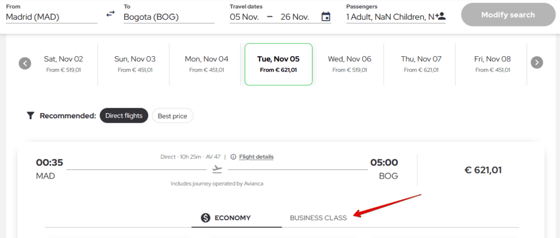 Avianca Business Class Switch