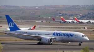 Air Europa's Boeing 787-8 Dreamliner, EC-MIH taxiing in Madrid-Barajas Airport in front of Terminal 4, Iberia's home terminal.