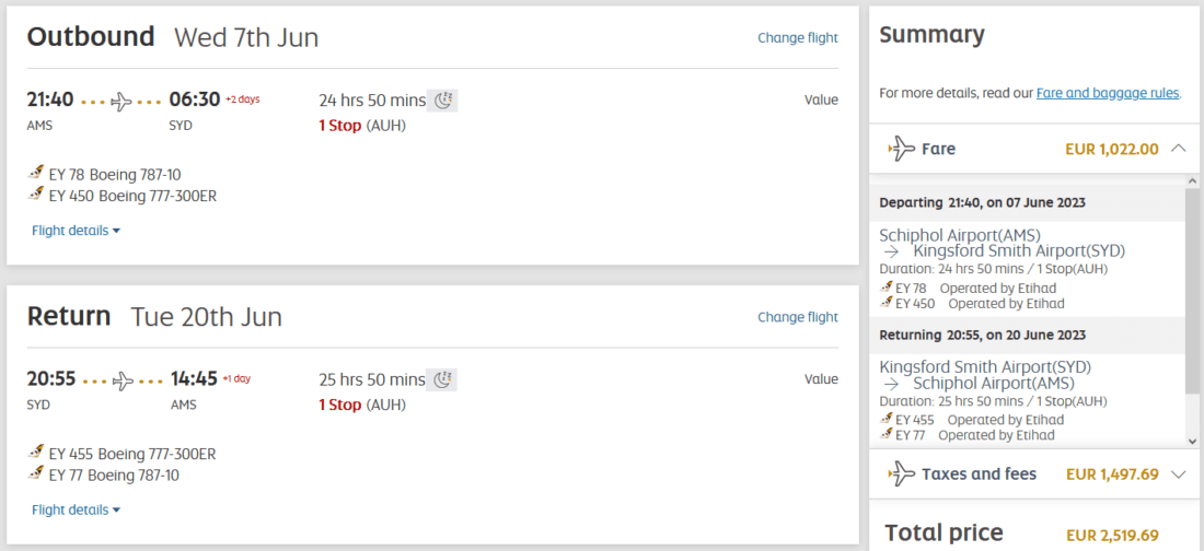 Australia €2,519 Etihad Business Class from Amsterdam and Dublin