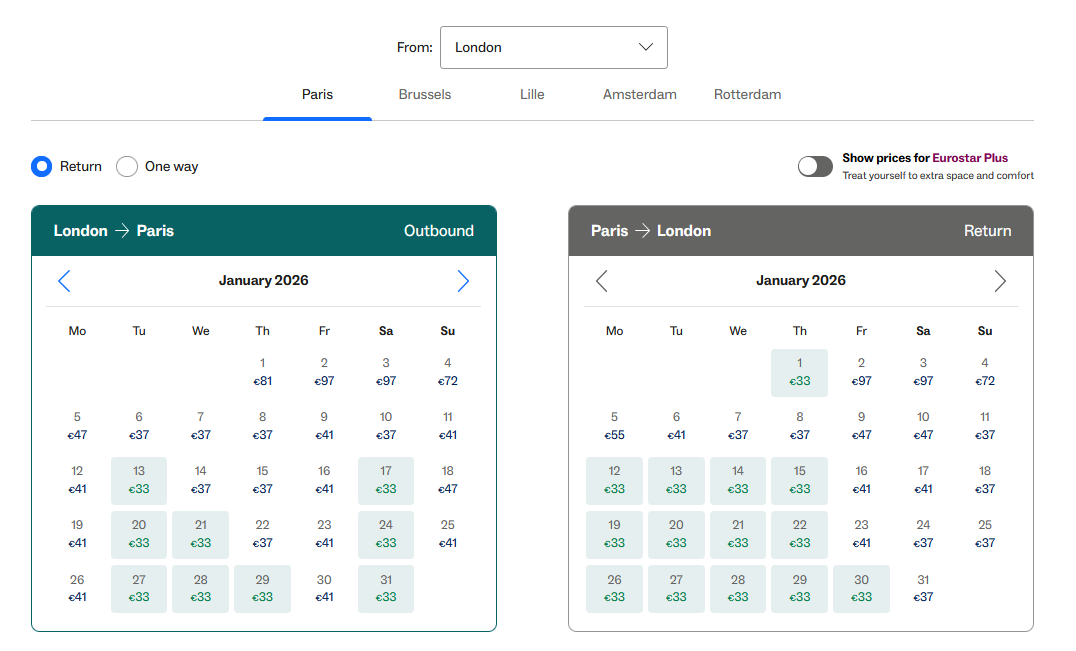 Eurostar Price Calendar