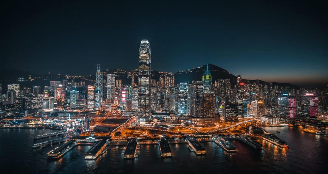 Hong Kong skyline skyscrapers by night