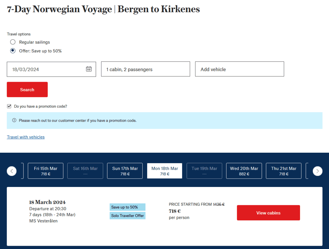 Hurtigruten Bergen Kirkenes 2 PAX