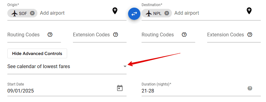 ITA Matrix Low Fare Calendar