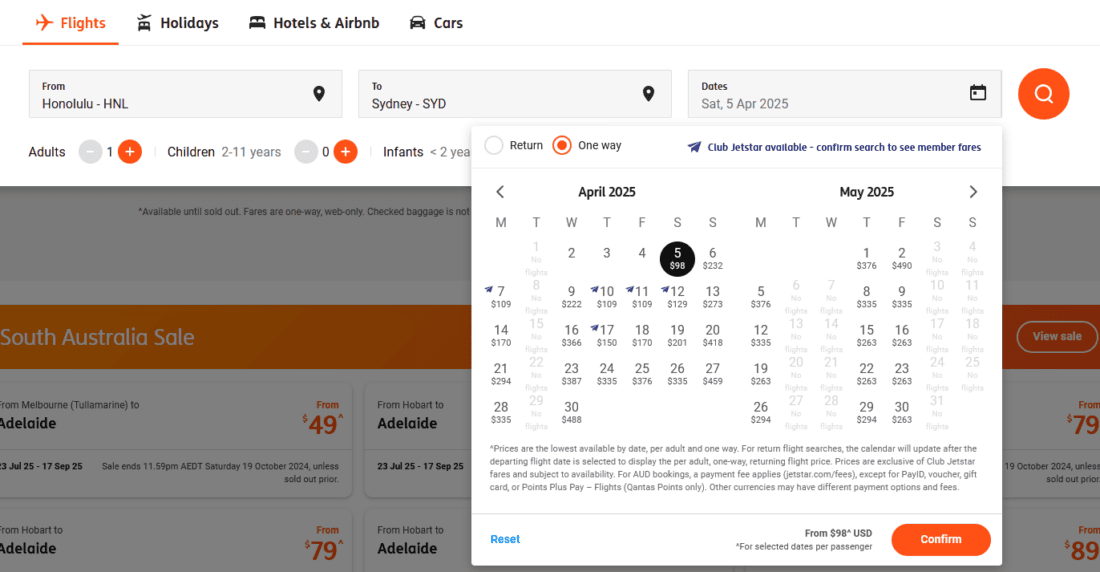 JetStar Availability Calendar