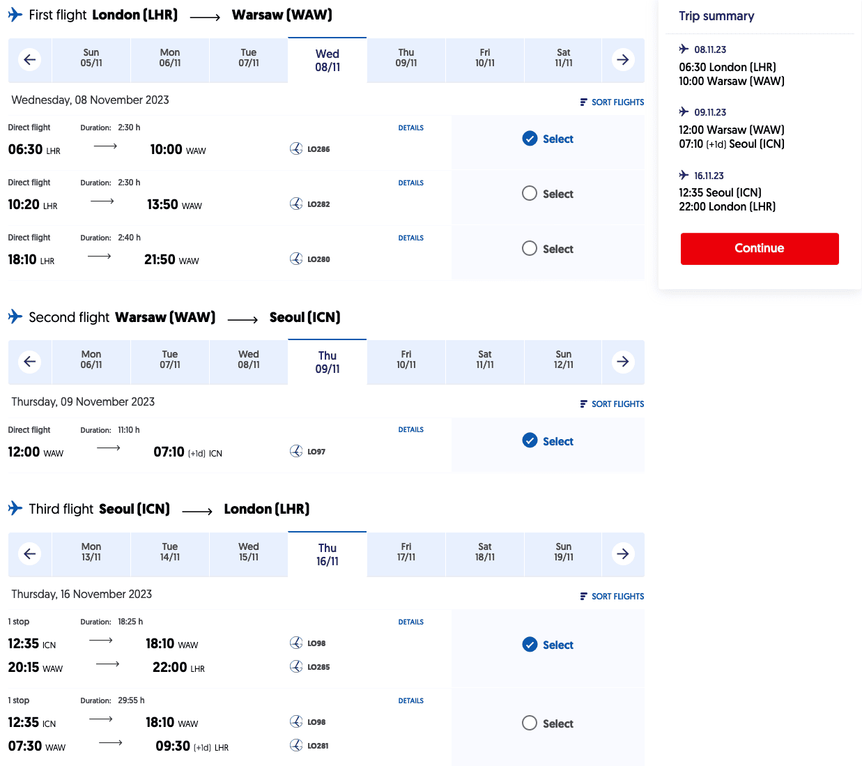 LOT Premium Economy to Seoul for £738 / €862 from London (with Stopover