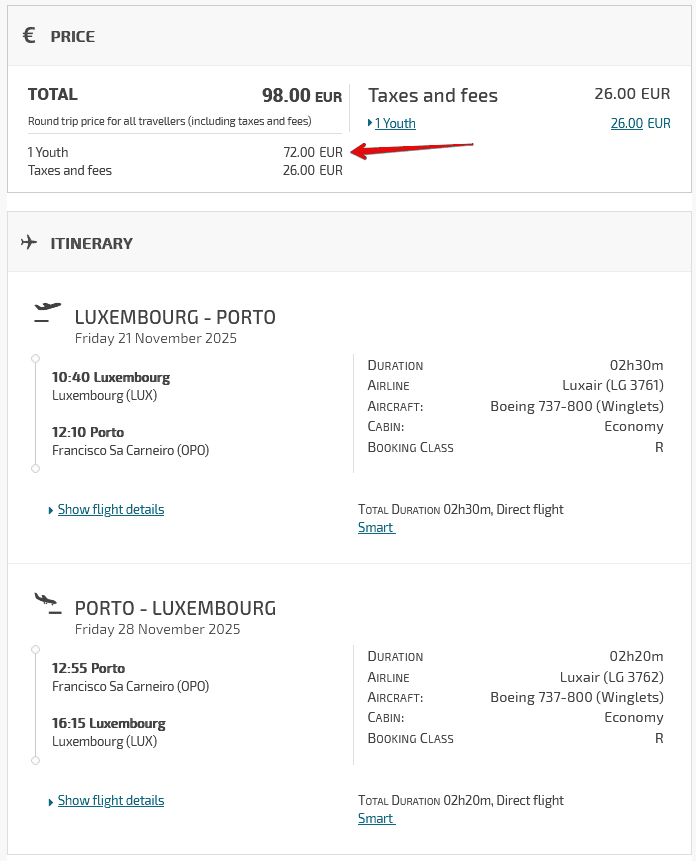 Luxair Youth Fare Comparison