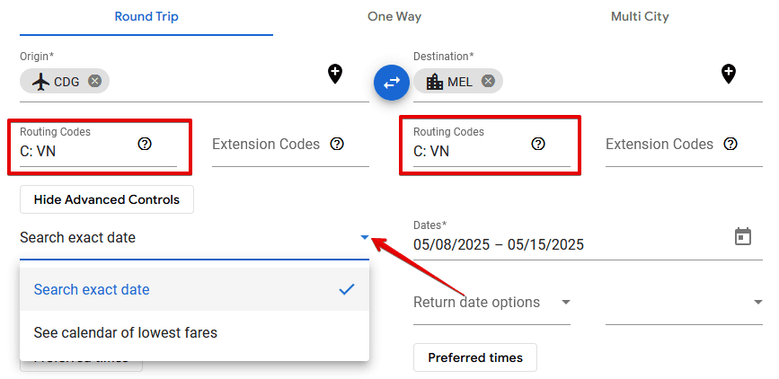 Search VN Flights ITA