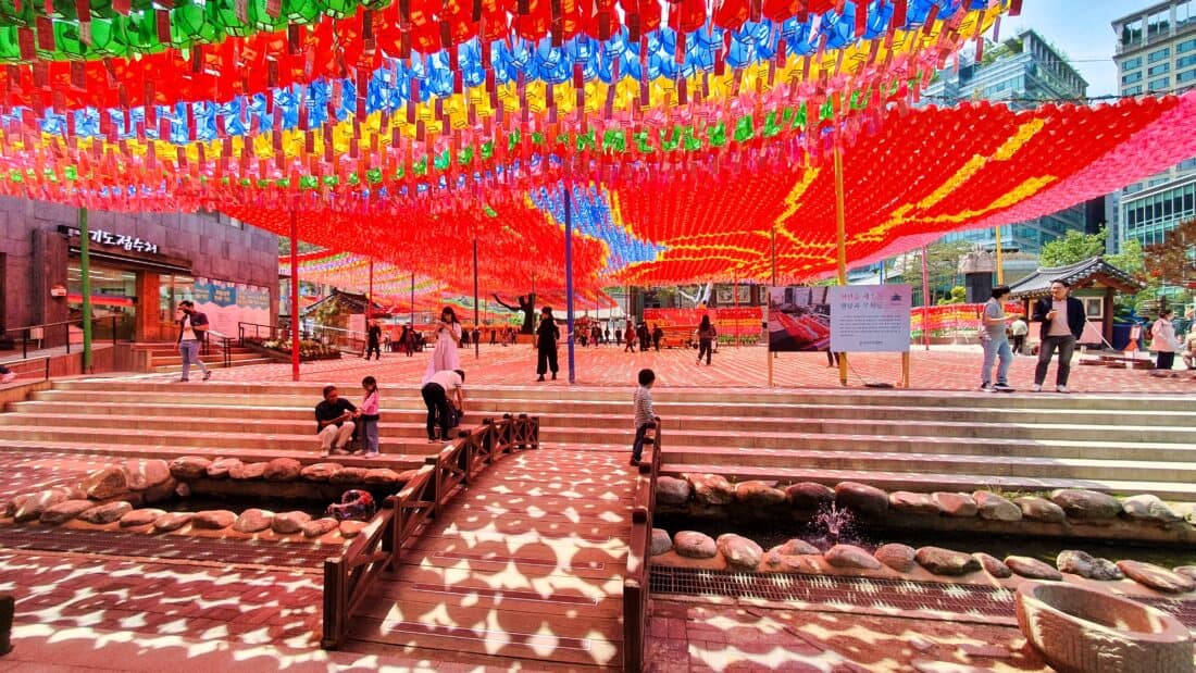 Seoul temple with colorful lanterns