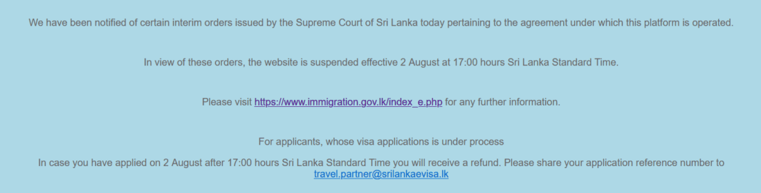Sri Lanka eVisa Shutdown