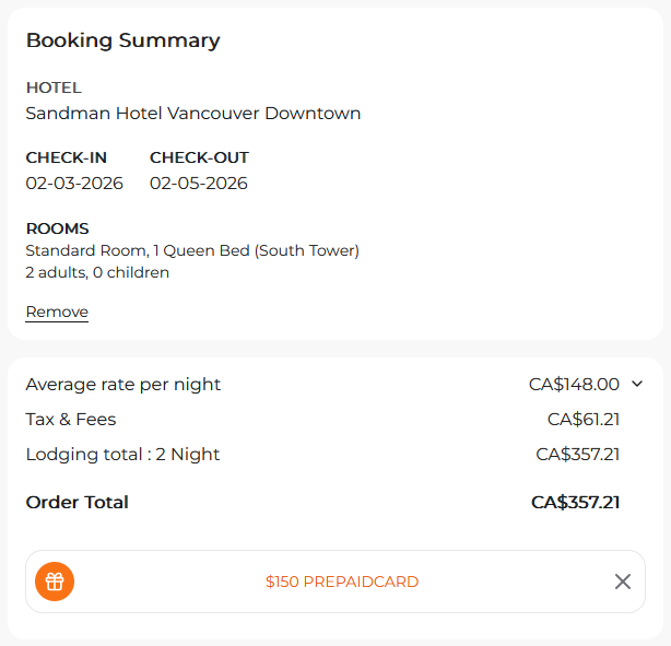 Vancouver prepaid card booking example