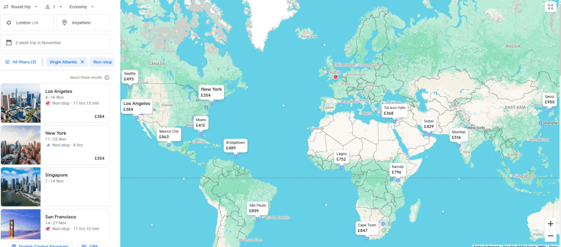 Virgin Google Flights Offers