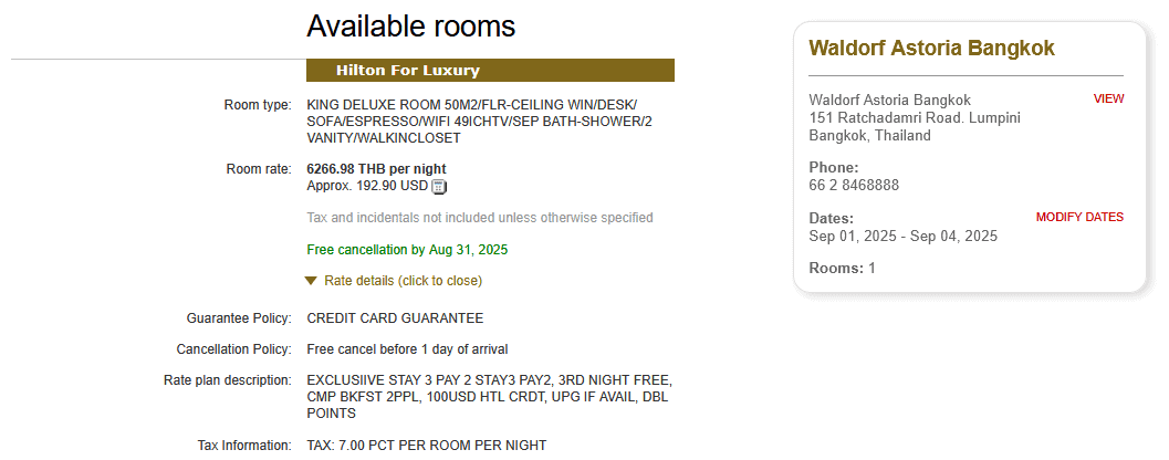Virtuoso Waldorf Astoria Bangkok 3 Nights