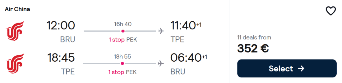 Air China Brussels to Taipei flight deal