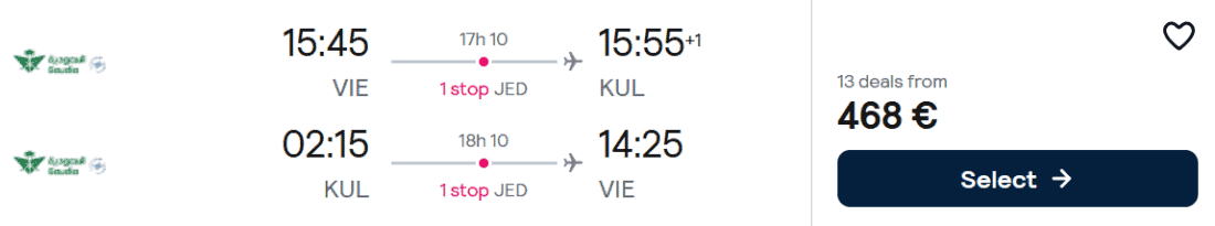 Vienna to Kuala Lumpur flight offer on Saudia