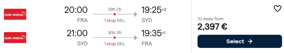Air India Business Class Frankfurt to Sydney offer