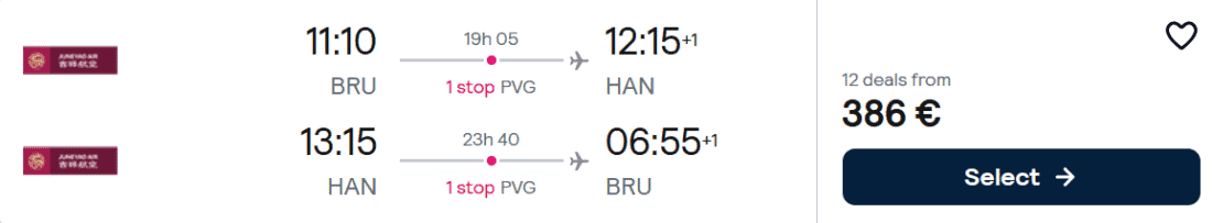 Juneyao Airlines Brussels to Hanoi flight deal