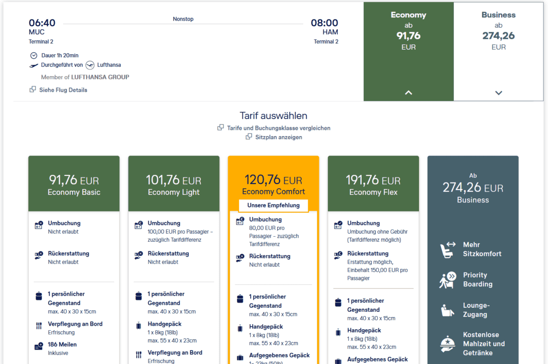 Lufthansa Basic vs Light fare comparison