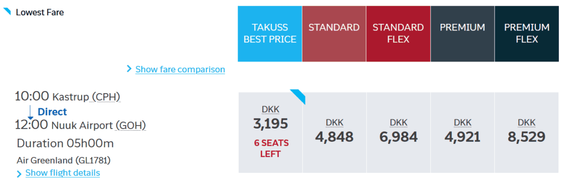 Air Greenland ticket price screenshot