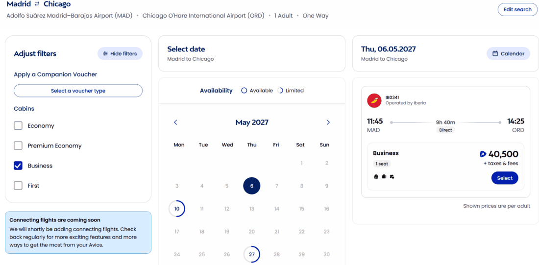 Avios calendar results view