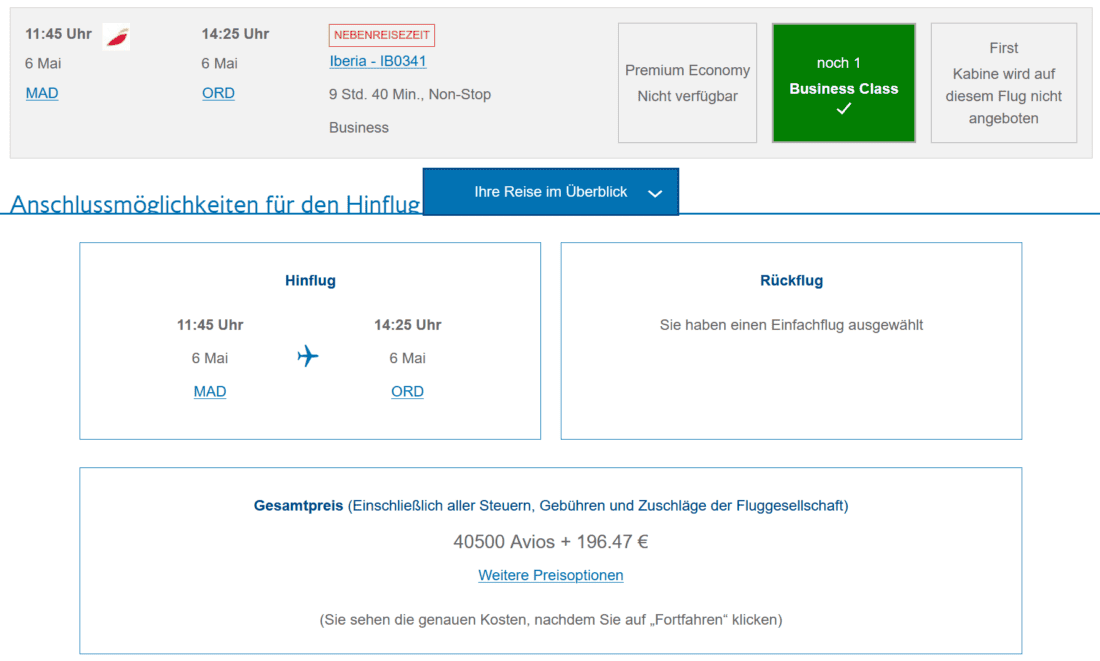 Iberia Business Class redemption taxes and fees breakdown