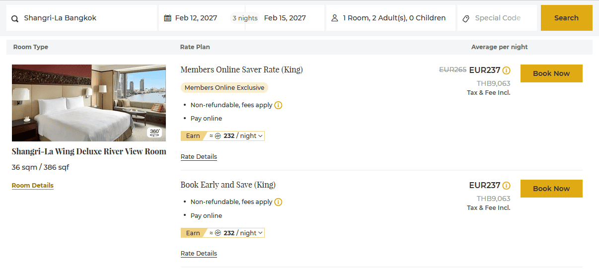 Shangri La Bangkok direct booking rate comparison