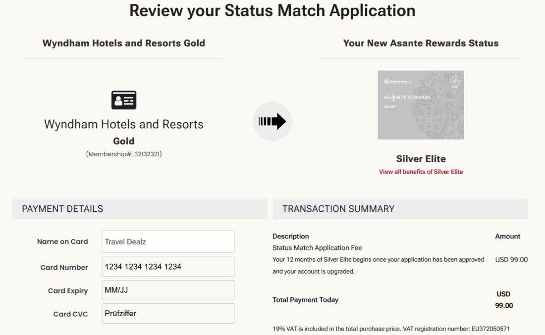 StatusMatch payment screen