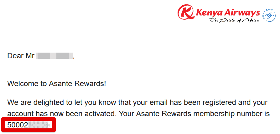 Asante Rewards account creation email