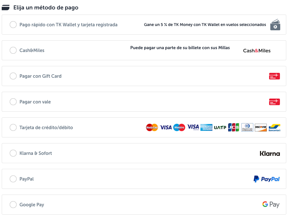 Turkish Airlines metodos de pago