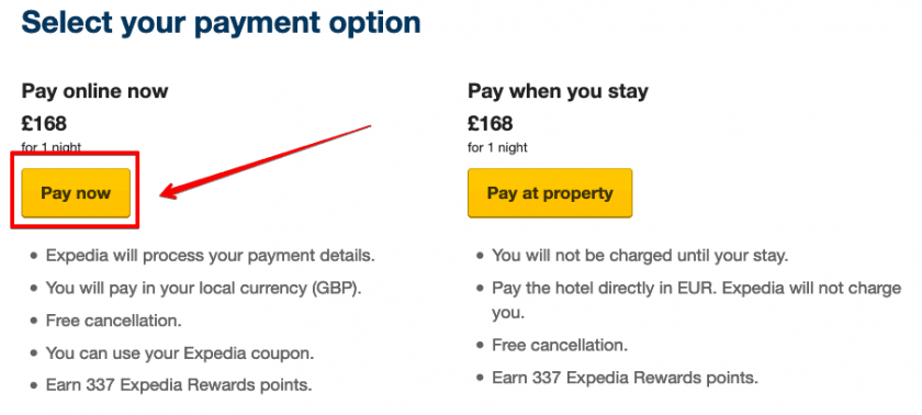 Expedia payment option