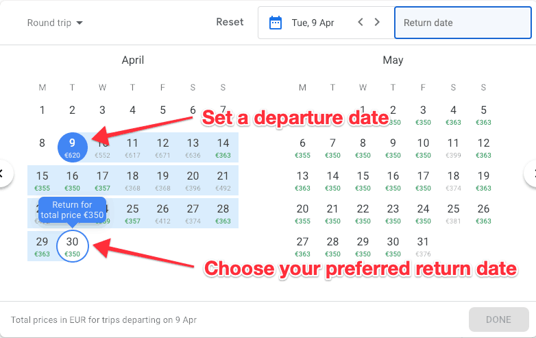 Google Flights Calender Select Dates