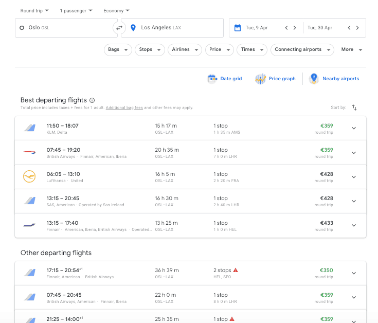 Google Flights Search results