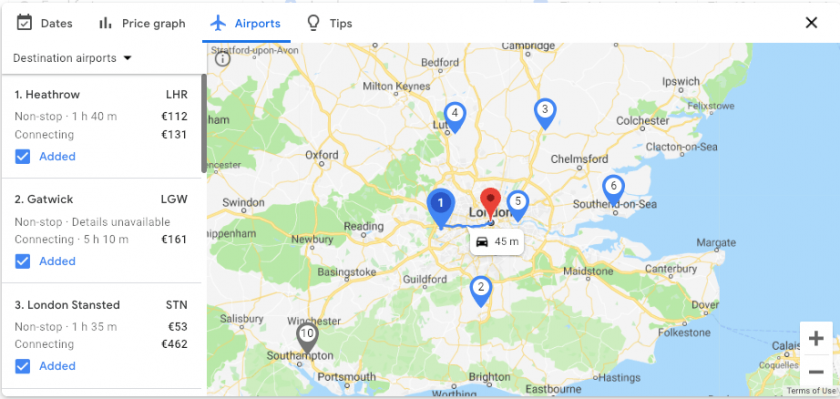 Google Flights nearby airports