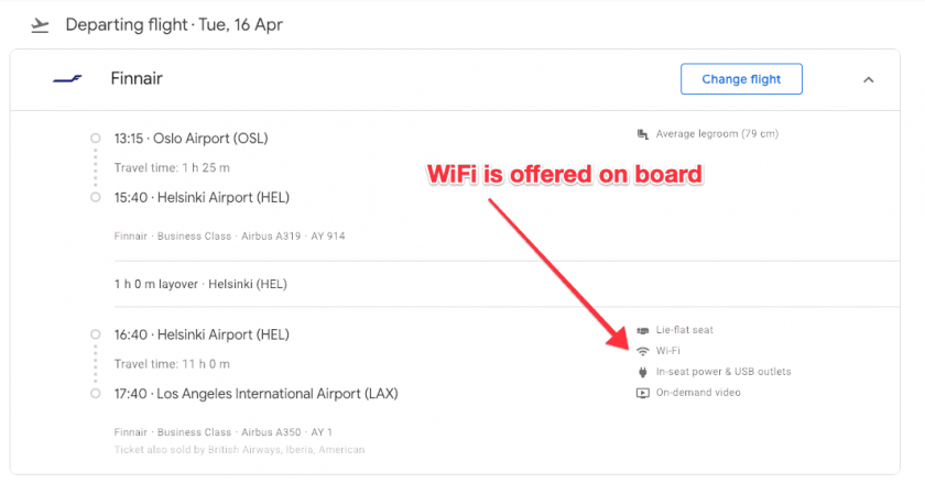 Google Flights search WiFi on Board