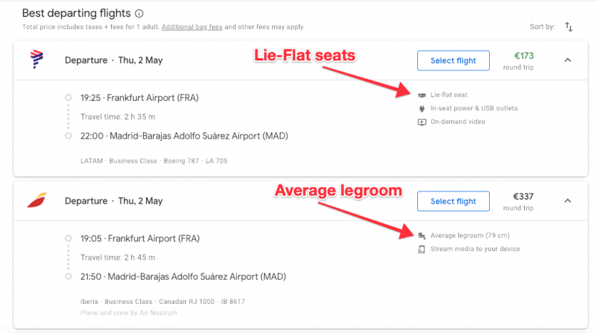 Google Flights search legroom