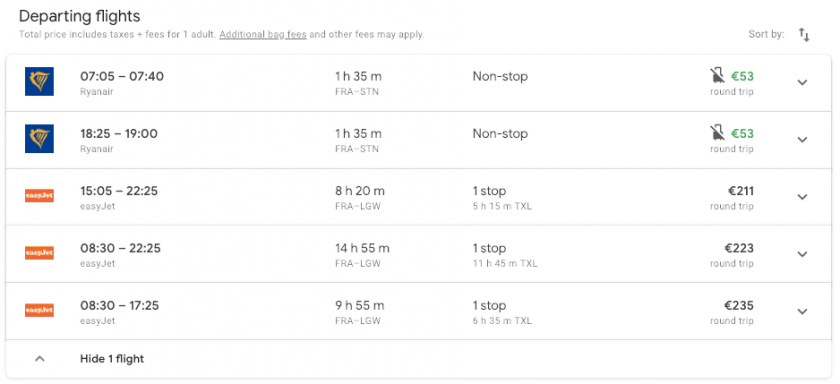 Google Flights search low cost carrier