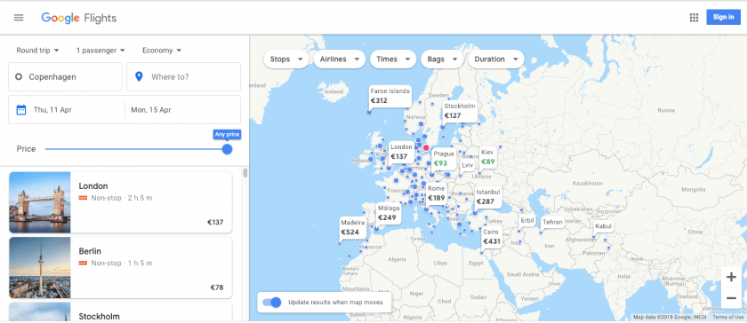 Google Flights search specific time