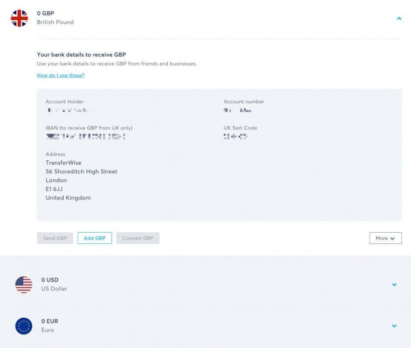 TransferWise Local Bank Account Details